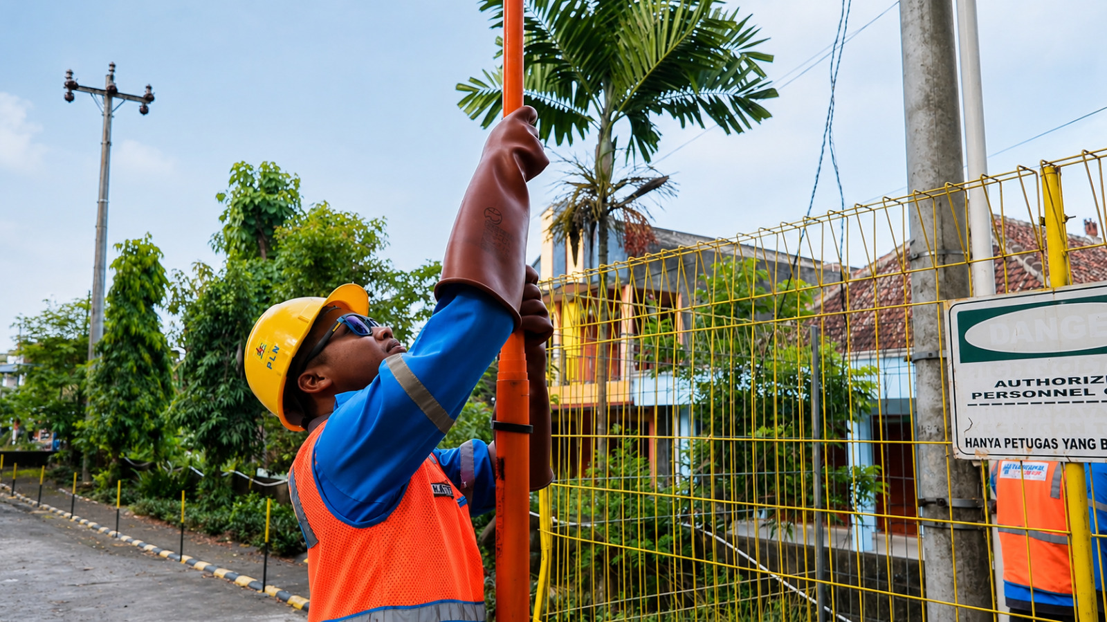 Petugas PLN UID Yogyakarta memantau pemasangan umbul-umbul di dekat jaringan listrik